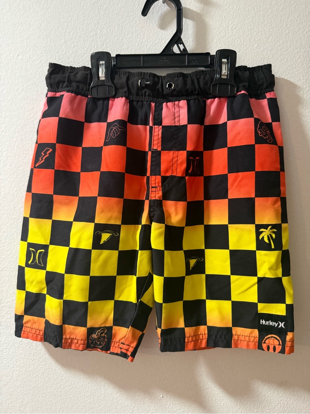 Hurley Men’s Black Checkerboard Swim Shorts with Pink, Orange & Yellow Gradient